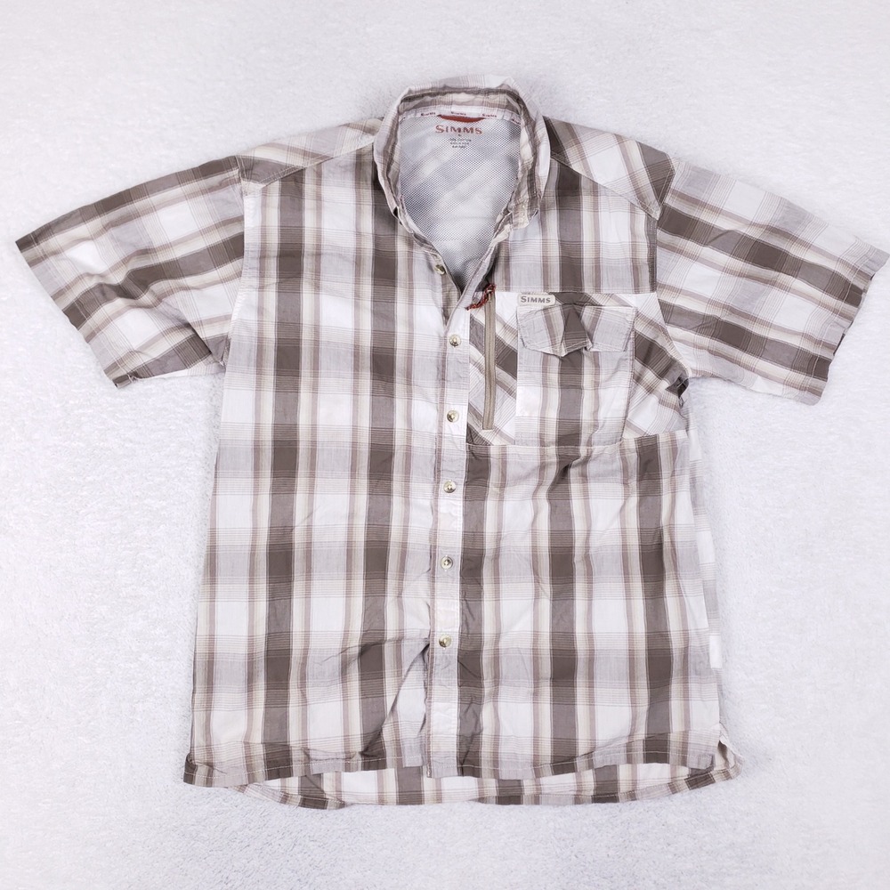 Simms Fishing Shirt M Short Sleeve Plaid Utility‎ Pocket Brown Outdoor Gorpcore